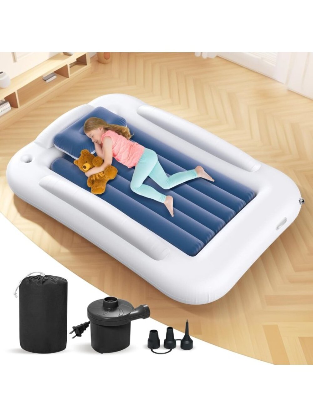 Cozy Inflatable Toddler Travel Bed - 60" Air Mattress with Safety Sides & Pump
